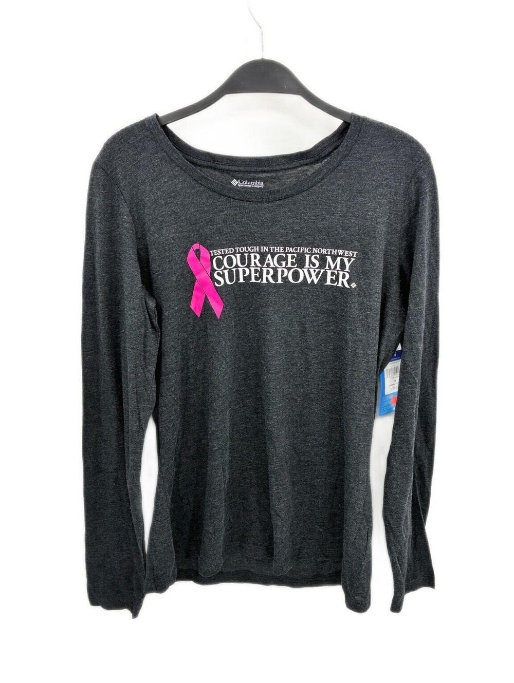 Columbia Womens M Gray Pink Ribbon Courage Breast Cancer Long Sleeve Top New